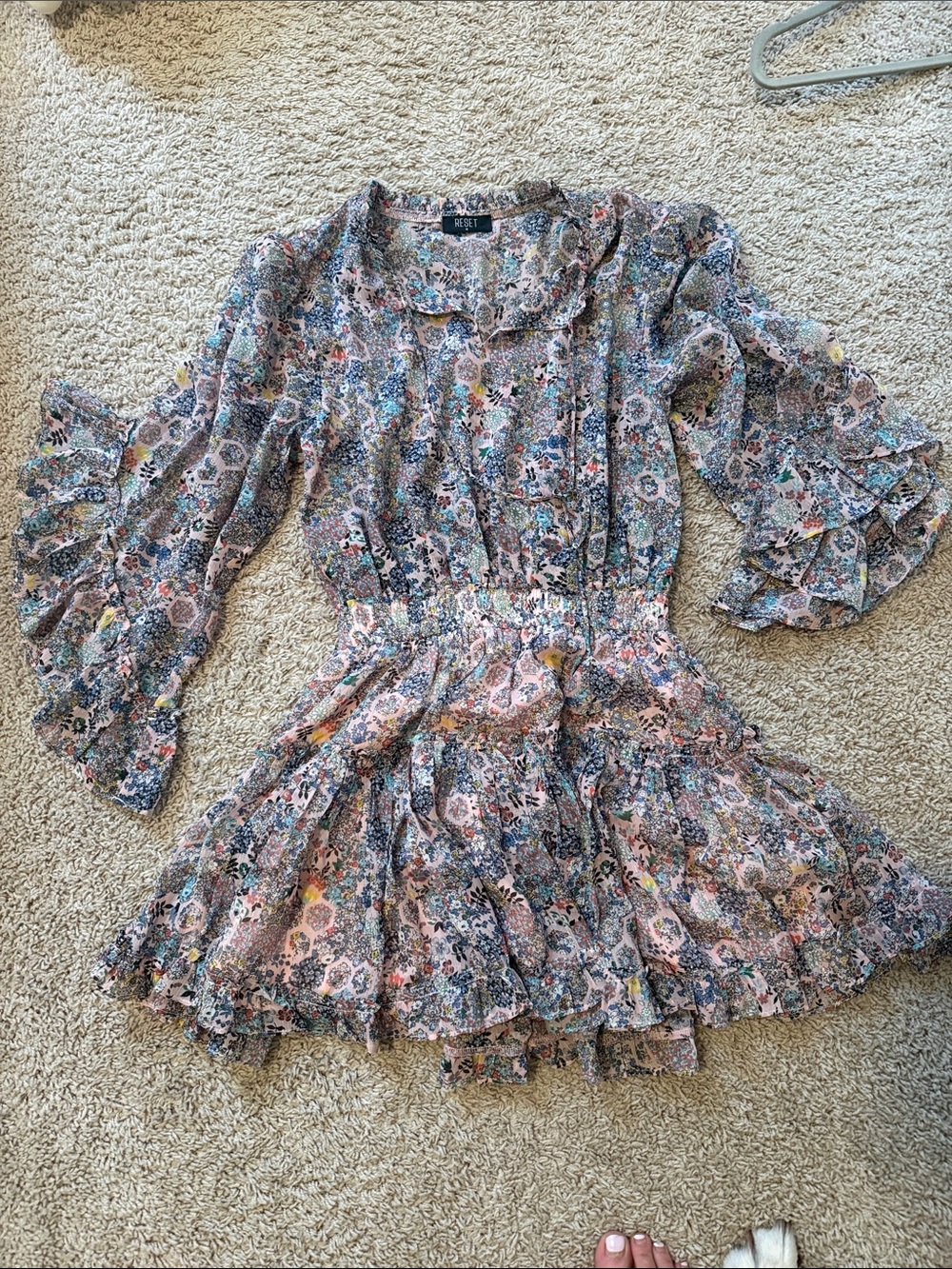 Reset Gold Shimmer Ruffled Floral Smocked Waist Dress - Multicolor